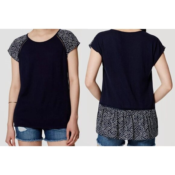 LOFT Blouse Size Small Navy Blue Mixed Media Print Silk Blend Skirted Hem 70288 - Picture 8 of 9